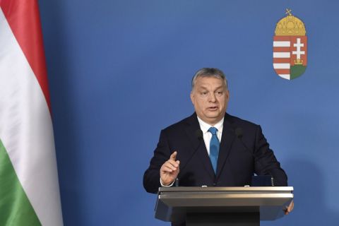 Orbán Viktor miniszterelnök a Kormányinfó sajtótájékoztatón a Miniszterelnöki Kabinetiroda Garibaldi utcai sajtótermében 2019. január 10-én.