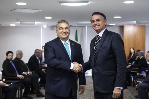 Orbán Viktor miniszterelnök (b) brazíliai munkalátogatása keretében megbeszélést folytatott Jair Bolsonaro államfővel Brazíliavárosban 2019. január 2-án.