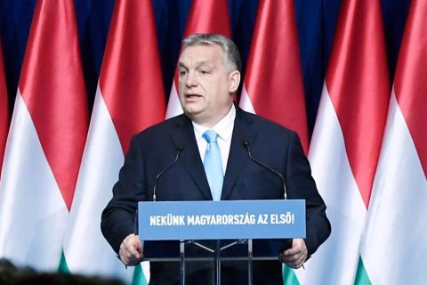 Orbán Viktor miniszterelnök hagyományos évértékelő beszédét tartja a Várkert Bazárban 2019. február 10-én.