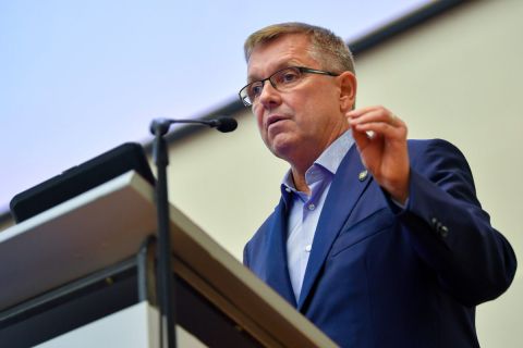 Matolcsy György, a Magyar Nemzeti Bank (MNB) elnöke előadást tart az 57. Közgazdász-vándorgyűlésen a Nyíregyházi Egyetemen 2019. szeptember 5-én.
