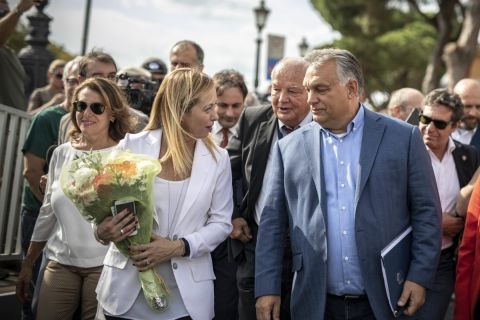 Orbán Viktor miniszterelnök és Giorgia Meloni, az Olasz Testvérek (FdI) párt vezetője az Atreju nevű rendezvényen, a jobboldali Olasz Testvérek (FdI) párttalálkozóján Rómában 2019. szeptember 21-én.