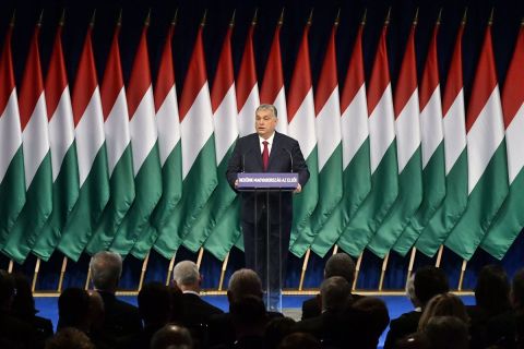 Orbán Viktor miniszterelnök hagyományos évértékelő beszédét tartja a Várkert Bazárban 2020. február 16-án.