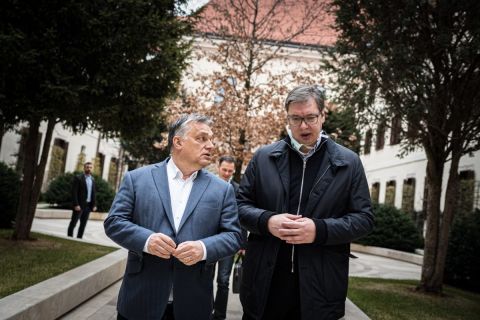 Orbán Viktor miniszterelnök és Aleksandar Vucic, Szerbia elnöke Belgrádban 2020. márciusában.