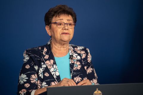 Müller Cecília országos tisztifőorvos a koronavírus-fertőzés elleni védekezésért felelős operatív törzs online sajtótájékoztatóján 2020. április 18-án.
