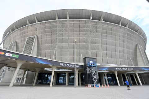 A Puskás Aréna az Európai Szuperkupa döntője, a Bayern München - Sevilla mérkőzés előtti napon 2020. szeptember 23-án.