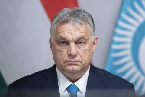 Orbán Viktor miniszterelnök a Türk Tanács ülésén vesz részt a járványhelyzetre való tekintettel online, videokonferencia formájában Budapesten, a Karmelita kolostorban 2021. március 31-én.