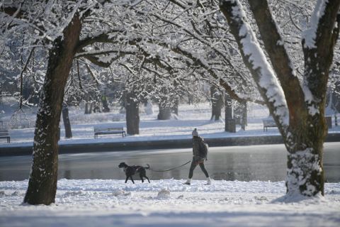 Kutyát sétáltat egy nő a behavazott debreceni Nagyerdőben 2022. január 9-én.