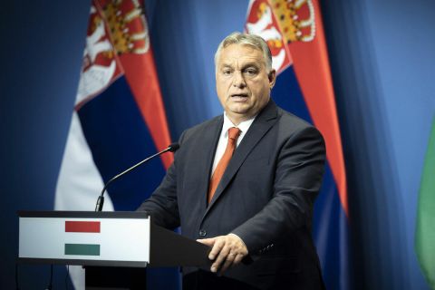 Orbán Viktor miniszterelnök a Karl Nehammer osztrák kancellárral és Aleksandar Vucic szerb államfővel, a magyar-osztrák-szerb plenáris megbeszélés után tartott közös sajtótájékoztatón a Várkert Bazárban 2022. október 3-án.