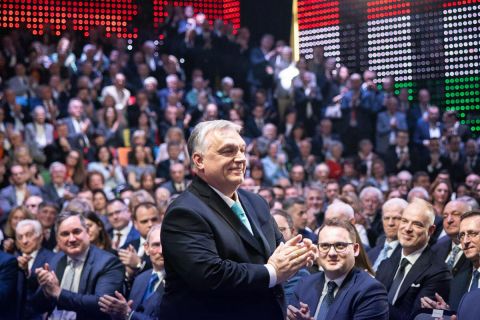 Orbán Viktor évértékelő beszédét tartja a Várkert Bazárban 2023. február 18-án.