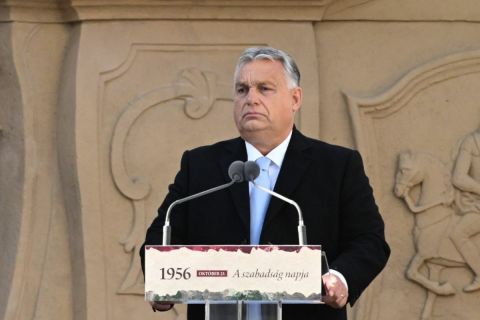 Orbán Viktor miniszterelnök beszédet mond az 1956-os forradalom és szabadságharc 67. évfordulóján tartott veszprémi ünnepi megemlékezésen 2023. október 23-án.