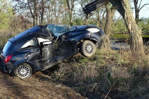 Összeroncsolódott személyautó a Kecskemét és az M5-ös autópálya között húzódó Korhánközi úton, ahol meghalt a gépkocsi sofőrje, aki járművével fának ütközött 2023. november 22-én.