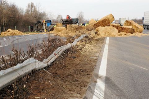 Felborult, szalmabálákat szállító kamion az M5-ös autópályán Kiskunfélegyháza térségében 2024. február 22-én. A Szeged felé haladó gépjármű átszakította a szalagkorlátot és a Budapest felé vezető oldalon felborult, rakománya szétszóródott.
