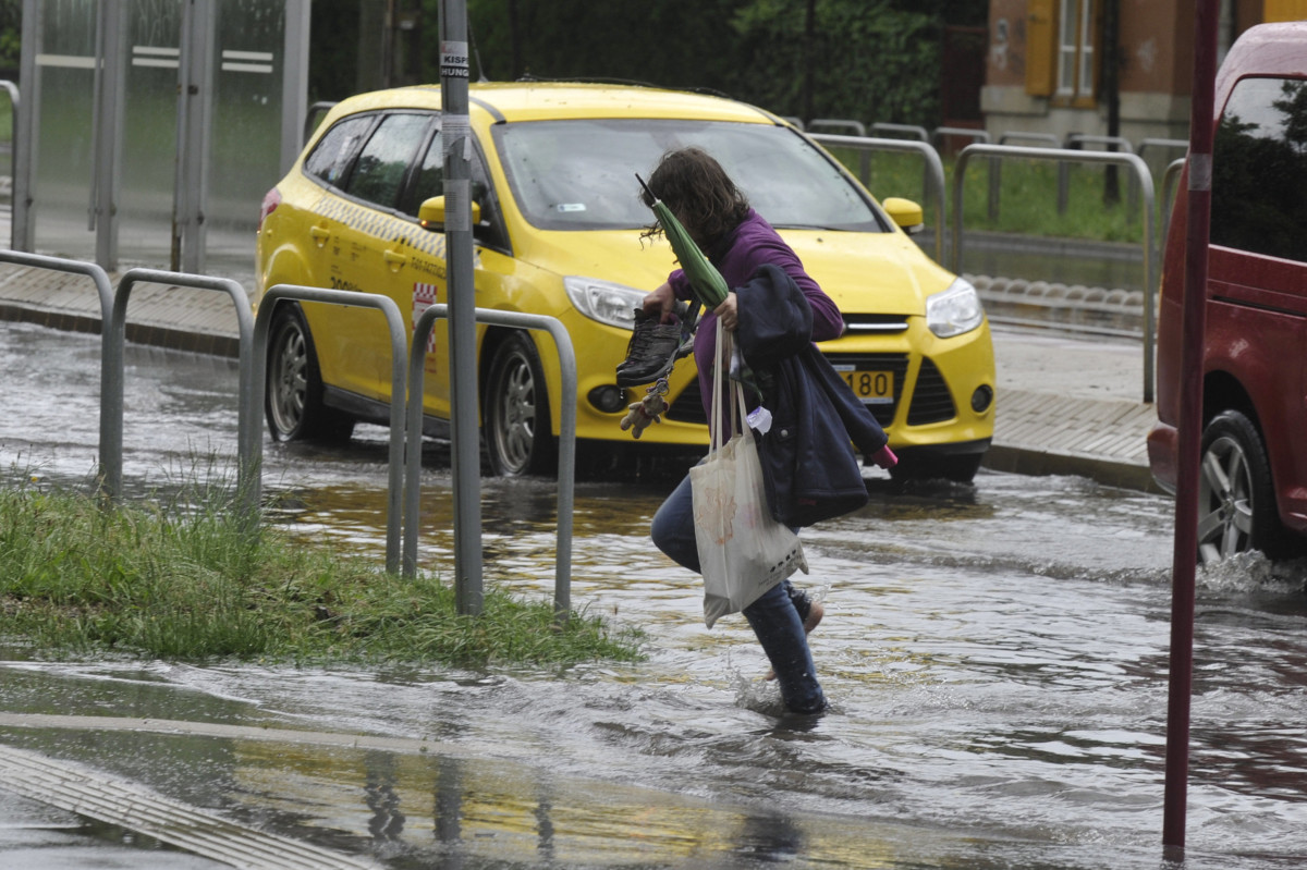 Cipőjével a kezében megy át az úttesten egy gyalogos a hirtelen jött felhőszakadás miatt vízzel borított XIX. kerületi Ady Endre úton 2019. május 29-én.