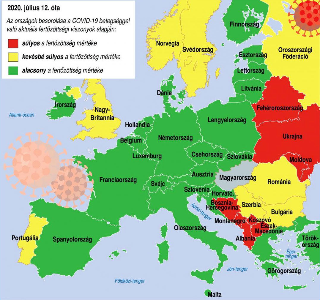 Az európai országok besorolása Magyarországon a koronavírus-járvány súlyossága szempontjából.