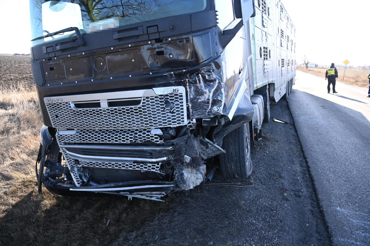 Sérült kamion Cegléd közelében, a 311-es úton, miután a gépjármű összeütközött egy személyautóval 2022. január 30-án.