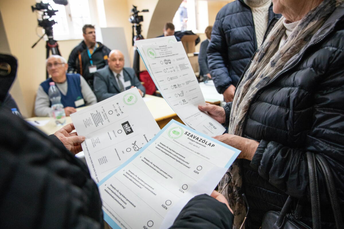Szavazók a Hódmezővásárhelyi Szent István Általános Iskolában kialakított szavazókörben az országgyűlési választáson 2022. április 3-án.