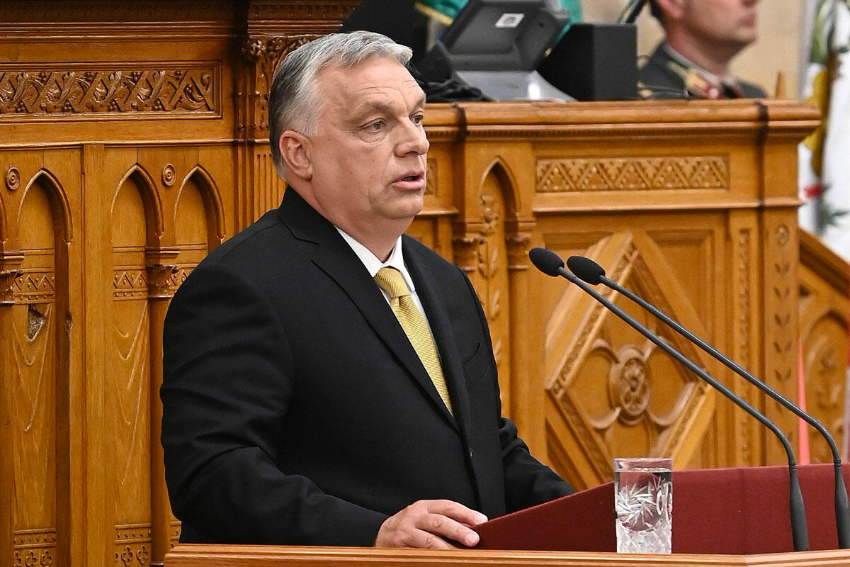 Orbán Viktor miniszterelnök beszédet mond eskütételét követően az Országgyűlés ülésén 2022. május 16-án.