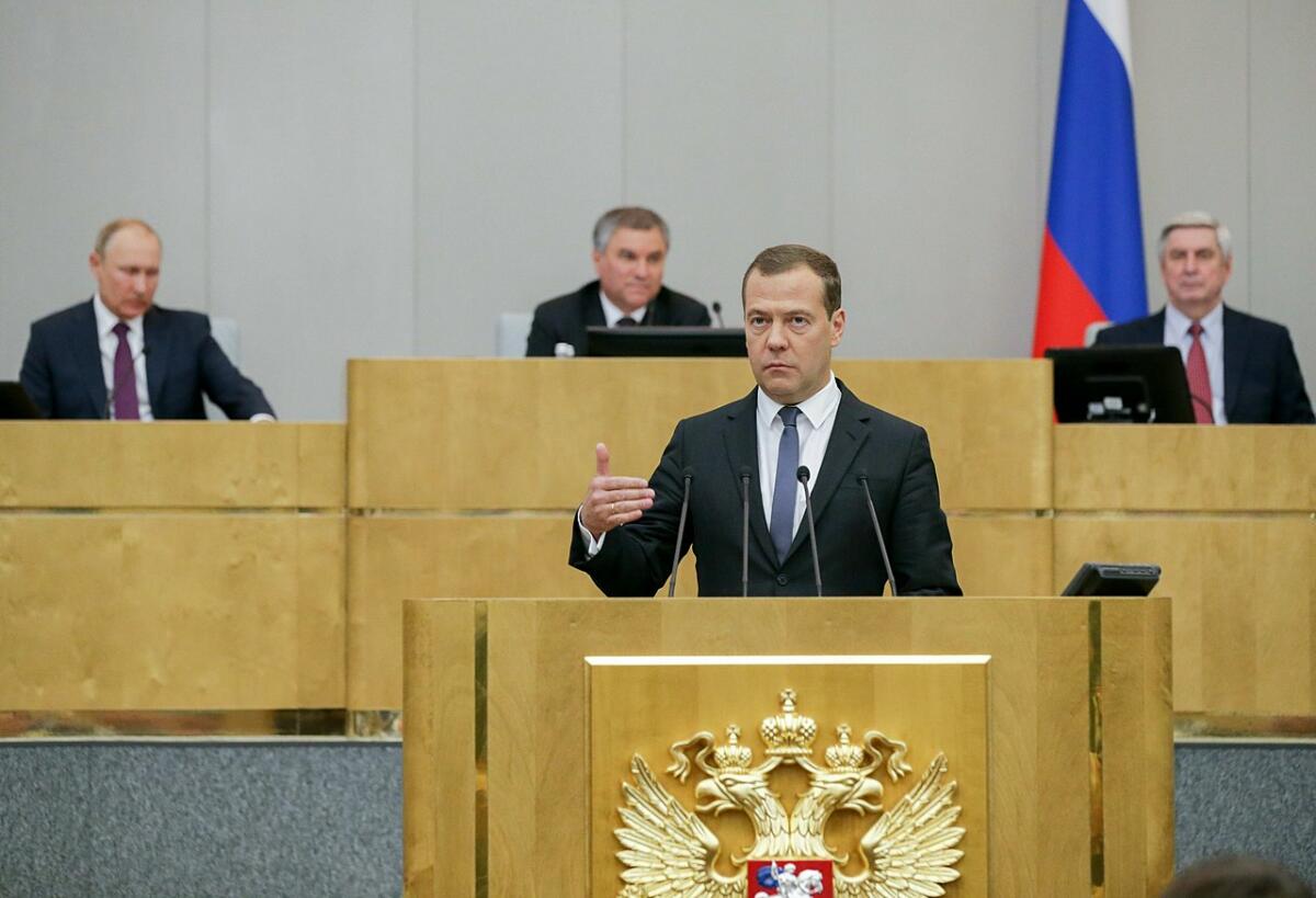 Dmitrij Medvegyev 2018-ban az orosz Állami Dumában.