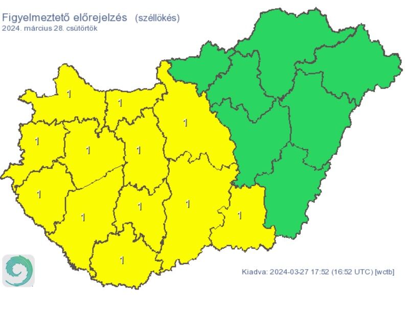 Figyelmeztetés a várható erős szél miatt 2024. március 28-án.