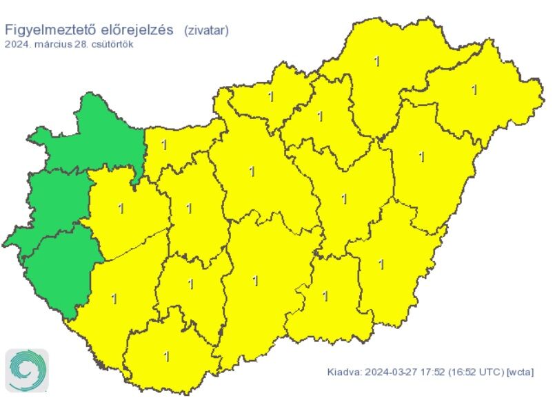 Tizenhat megyére adtak ki figyelmeztetést a várható zivatarok miatt 2024. március 28-ra.