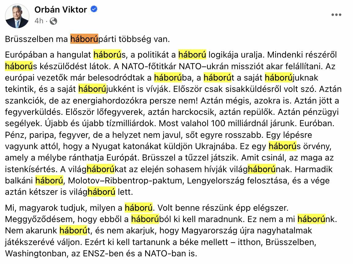 17-szer szerepel Orbán vasárnapi bejegyzésében, hogy háború.