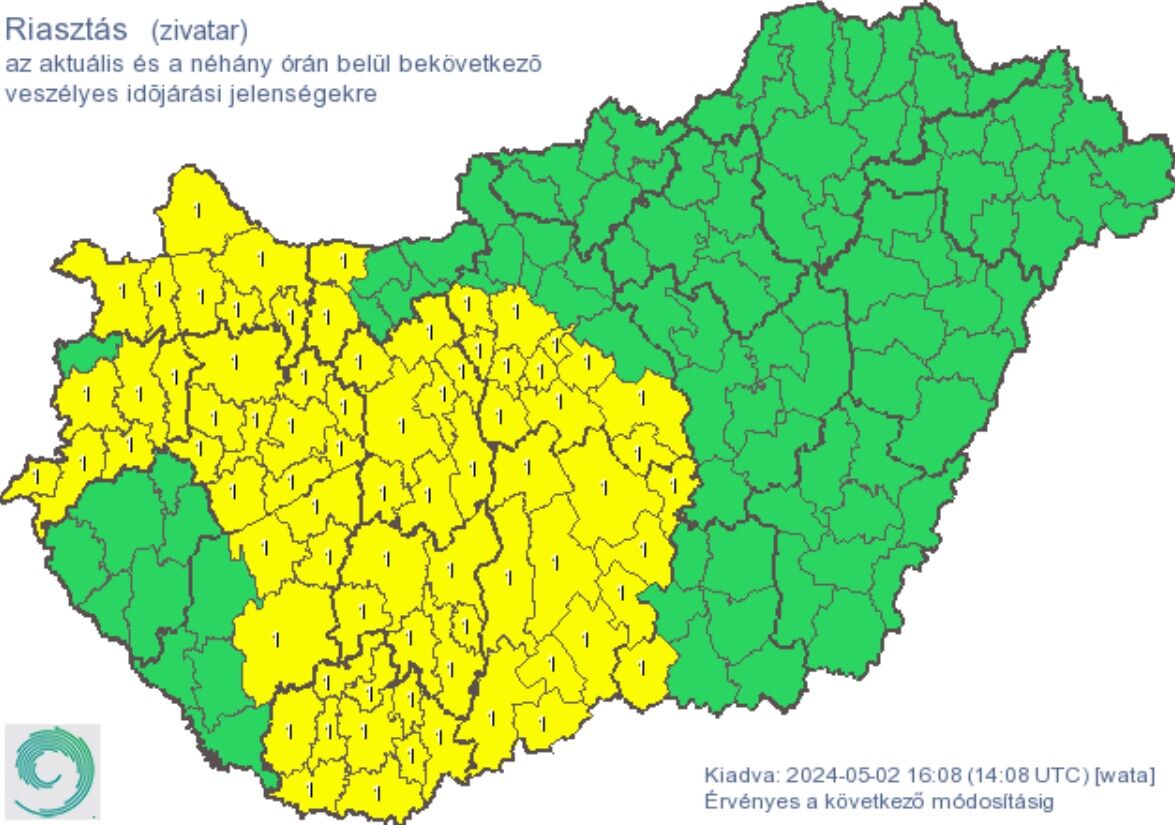 Riasztás a néhány órán belül várható zivatarok miatt 2024. május 2-án.