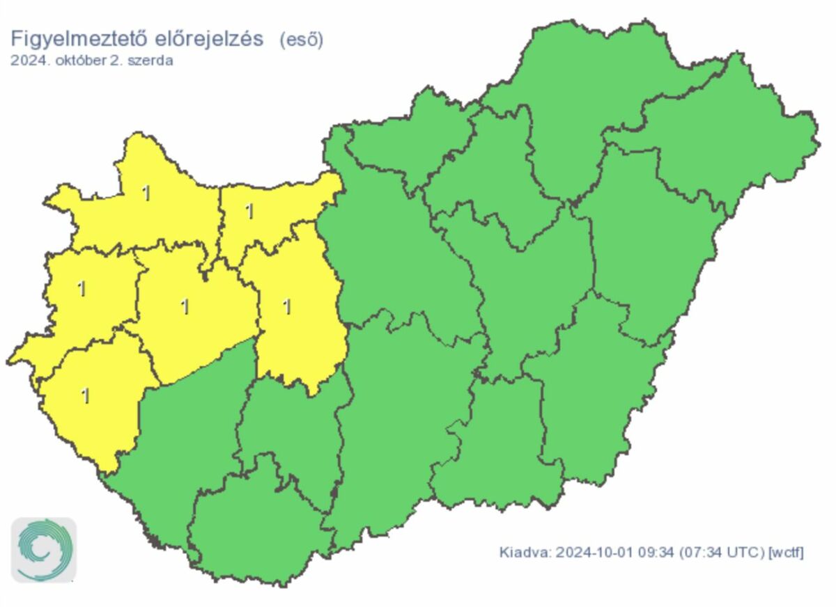 Elsőfokú figyelmeztetések eső miatt szerdára.