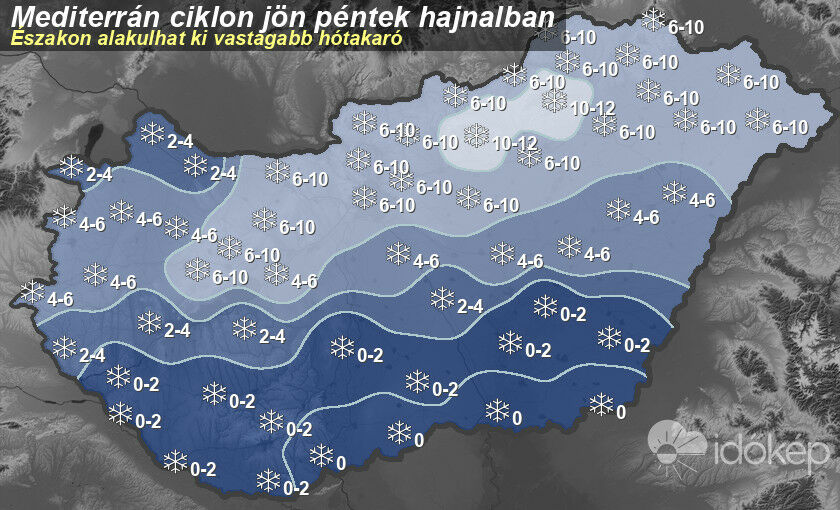 A várható hó mennyisége pénteken.