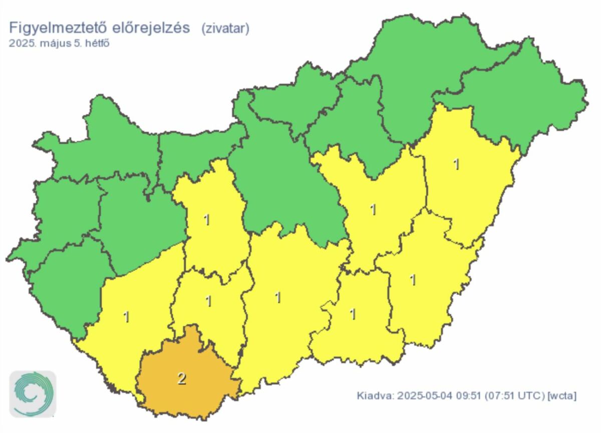 Zivatarra vonatkozó figyelmeztetések hétfőre.