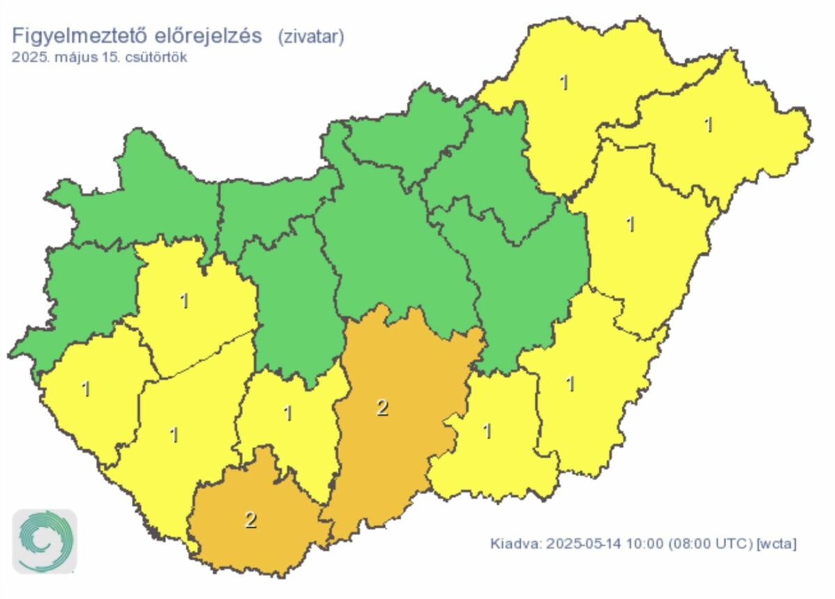 Zivatarra vonatkozó figyelmeztetések csütörtökre.
