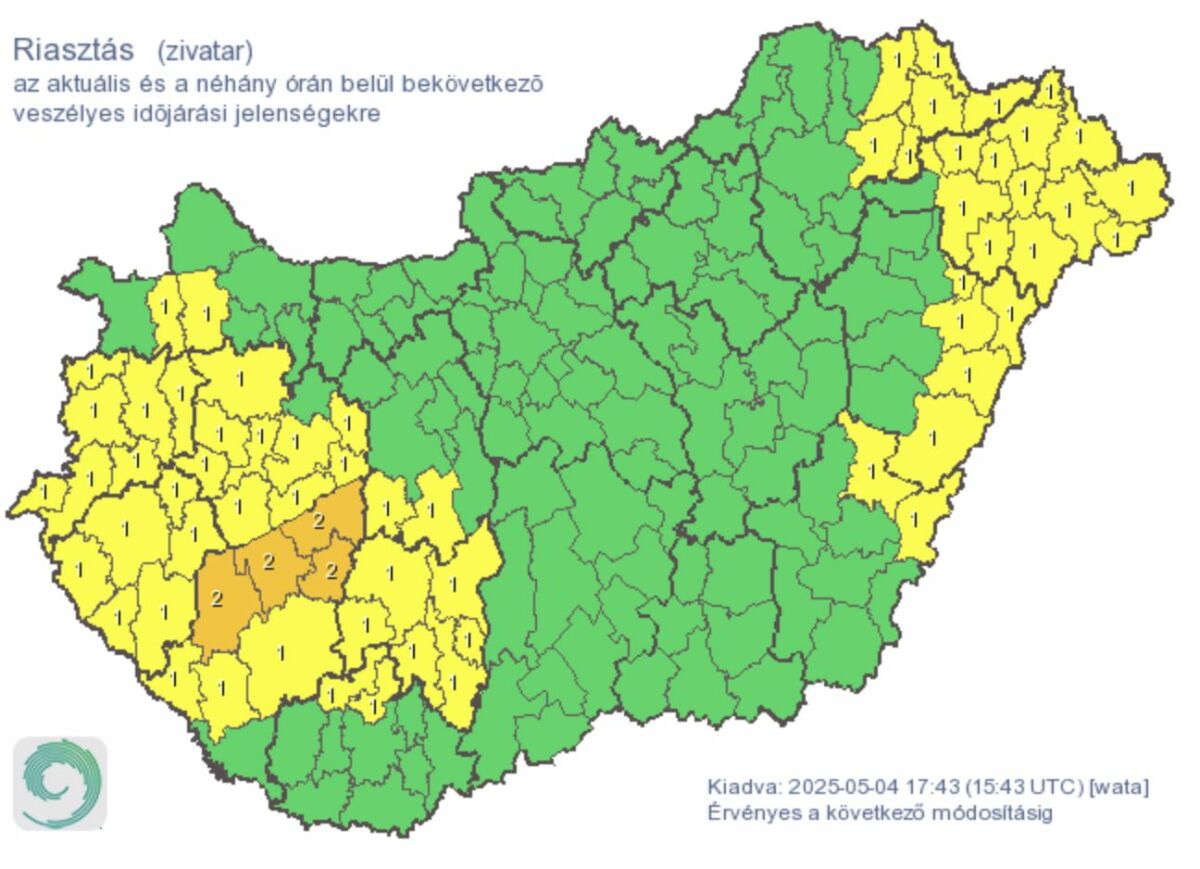 Érvényben lévő riasztások vasárnap délután.