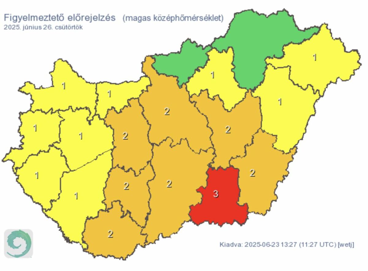 Harmadfokú riasztás csütörtökre magas középhőmérséklet miatt.