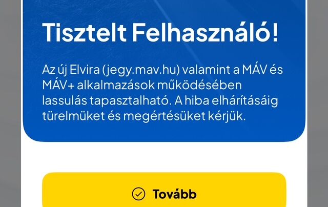 A MÁV+ alkalmazás hibaüzenete 2025. június 14-én délután.