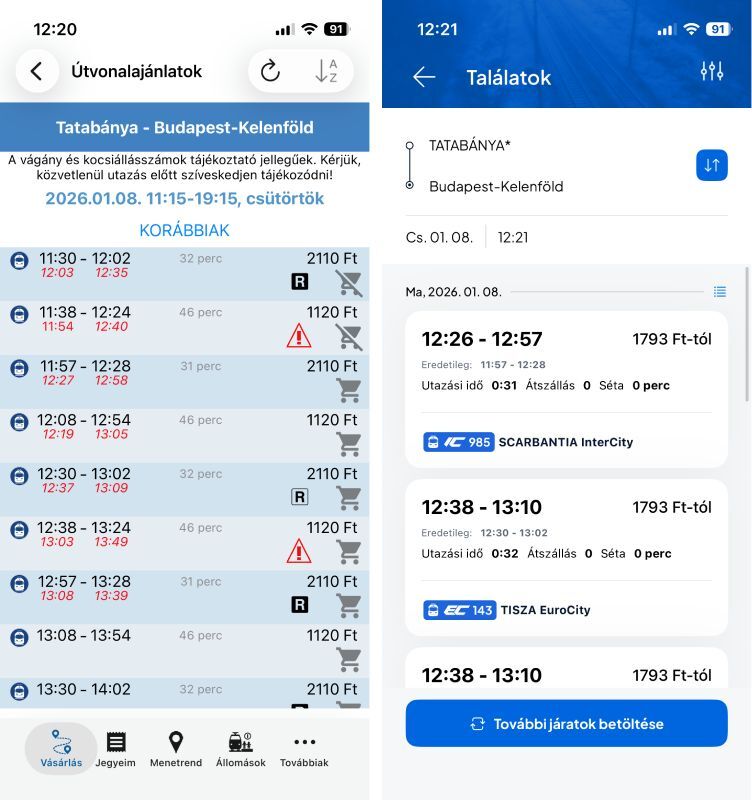 Balra a régi MÁV app, amely pirossal jelezte a vonatok menetrendtől eltérő, várható érkezését; jobbra az új, propagandásított MÁV+ app.